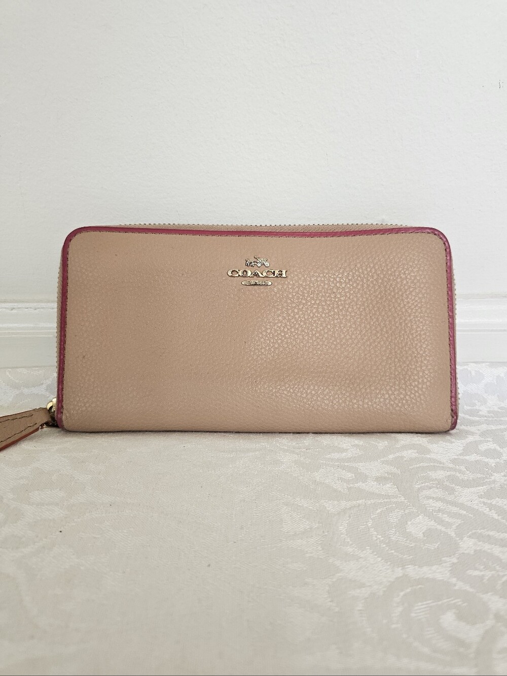 Coach Pebbled Leather Wallet in tan with Hot Pink Trim/VibrantOrange Interior!